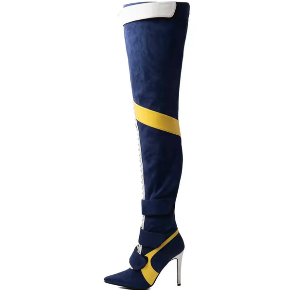 Women Color Patchwork Over The Knee Lace Up High Heel Boots