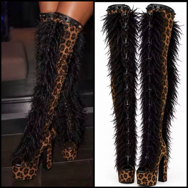 Women Open Toe Leopard Fur Over The Knee Platform High Heel Boots