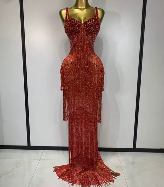Women Sexy Rhinestone Sleeveless Fringe Tassel Maxi Dress