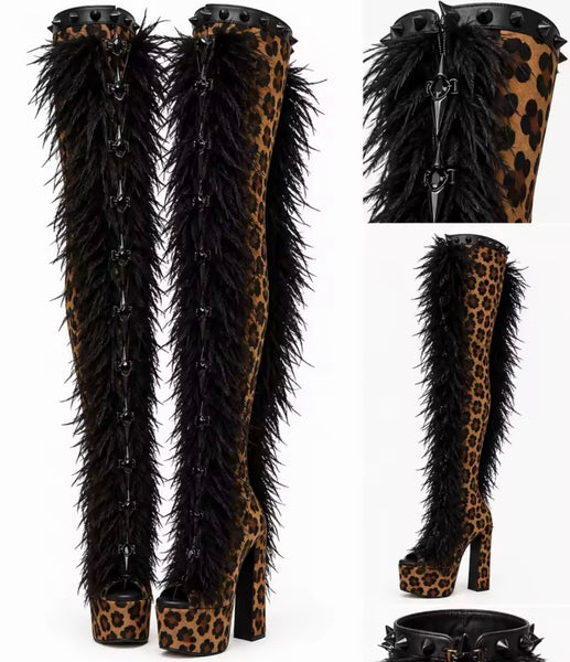 Women Open Toe Leopard Fur Over The Knee Platform High Heel Boots