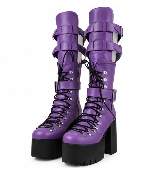 Women Color Lace Up Buckle Platform Knee High Boots