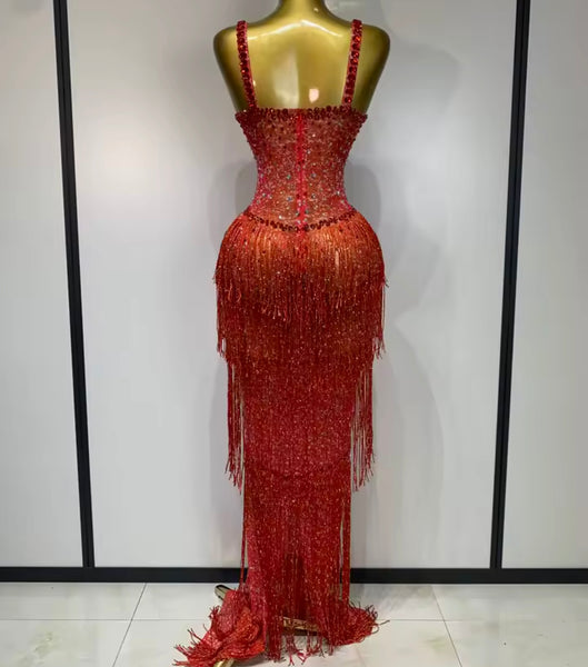 Women Sexy Rhinestone Sleeveless Fringe Tassel Maxi Dress