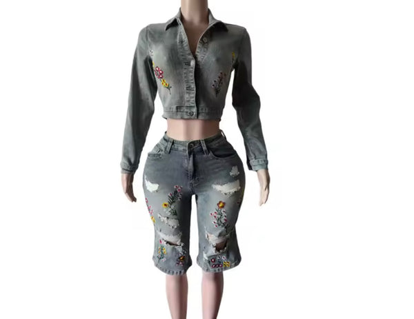 Women Fashion Floral Denim Jacket Two Piece Capri Pant Set