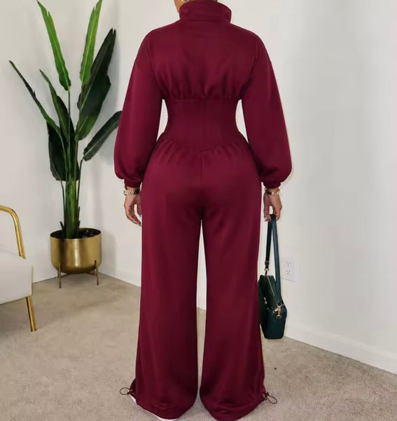 Women Zip Up Full Sleeve Ruched Fashion Jumpsuit