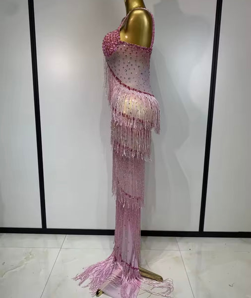 Women Sexy Rhinestone Sleeveless Fringe Tassel Maxi Dress
