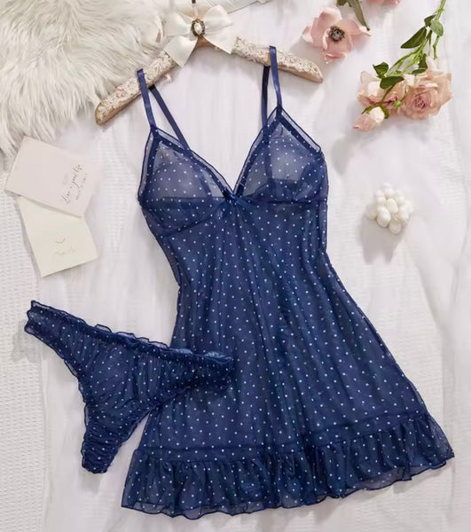 Women Sexy Sleeveless Printed Mesh Nightgown Lingerie Set