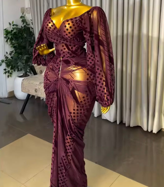 Women Sexy Printed Off The Shoulder Two Piece Maxi Skirt Set