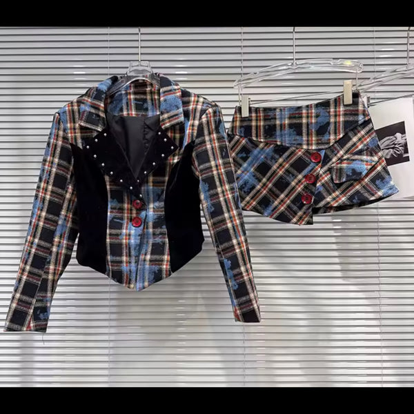 Women Sexy Fashion Plaid Full Sleeve Two Piece Wrap Skirt Set