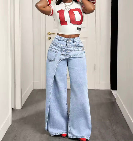 Women Fashion Blue Pocket Wrap Denim Pants