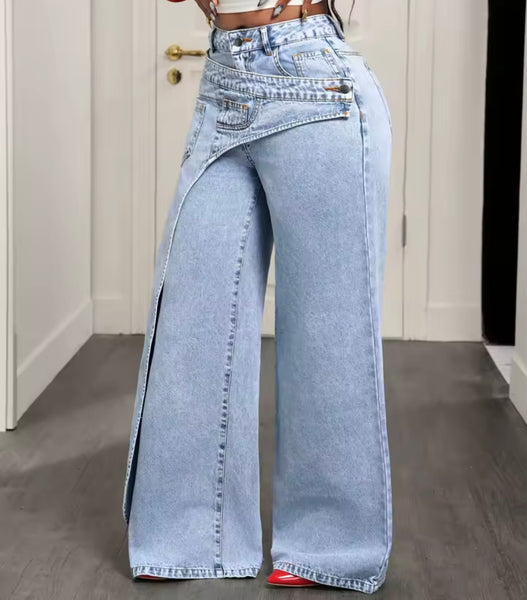 Women Fashion Blue Pocket Wrap Denim Pants