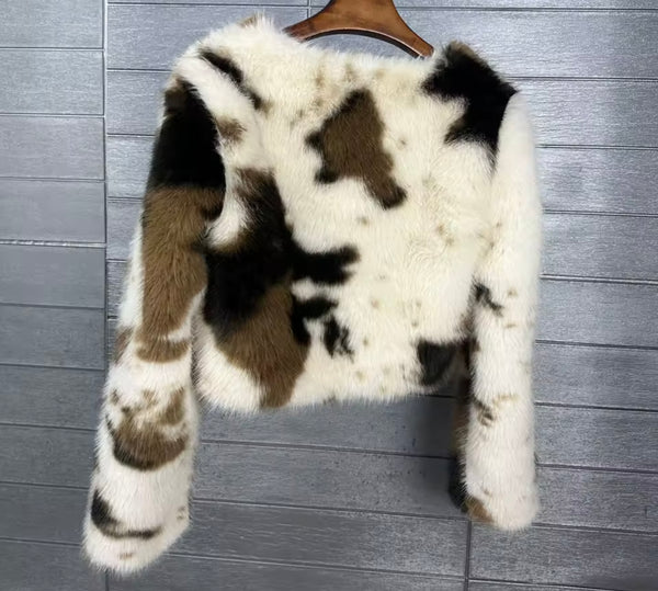 Women Fashion Mix Color Faux Fur Jacket