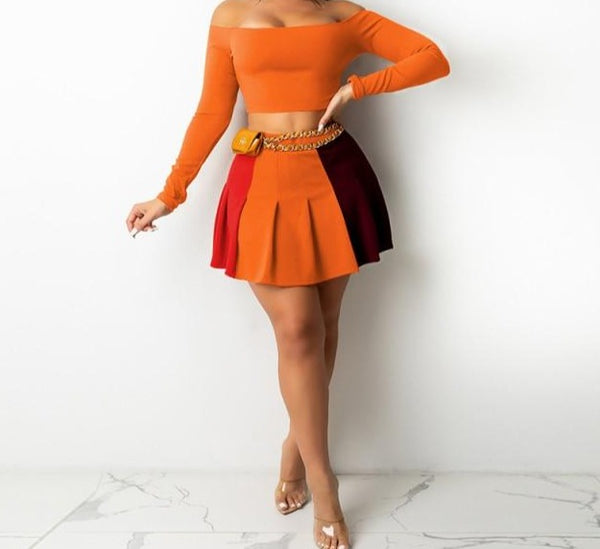 Women Sexy Fashion Two Piece Crop Color Patchwork Pleated Skirt Set