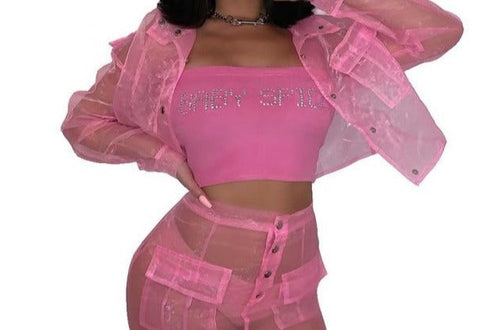 Women See Through Sexy Pink Two Piece Skirt Set