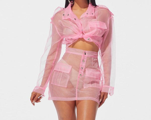 Women See Through Sexy Pink Two Piece Skirt Set