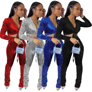Women Sexy Velour Long Sleeve Tie Up Two Piece Pant Set