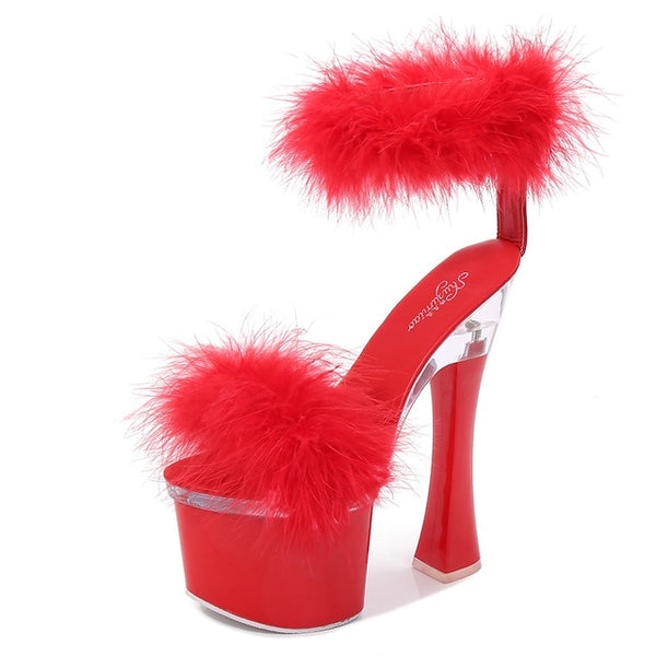 Women Faux Fur Fashion Thick Platform High Heel Sandals