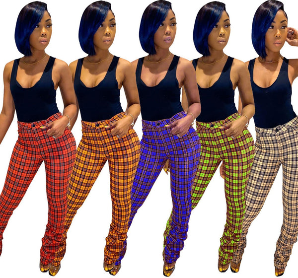 Women Fashion High Waist Plaid Ruched Pants