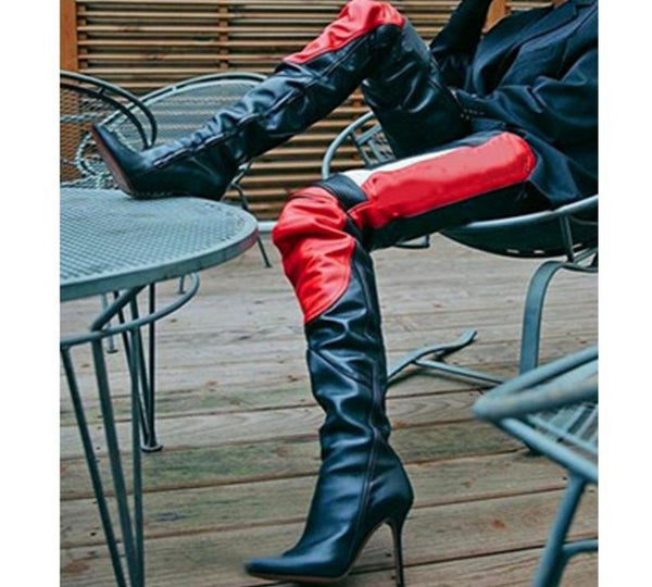 Women Color Patchwork Genuine Leather Thigh High Boots