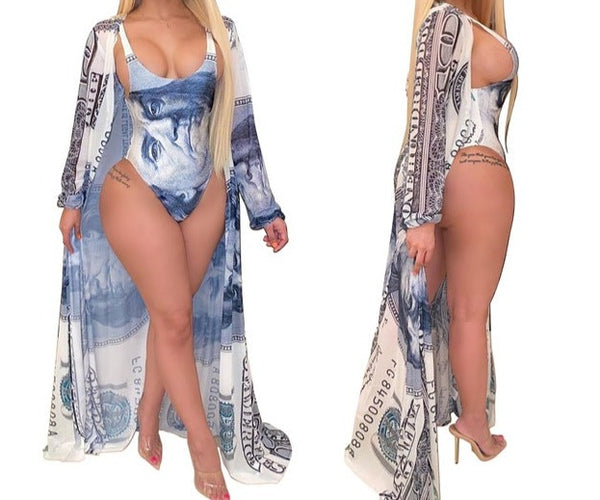 Women Fashion Money Print Swimsuit Cover Up Set