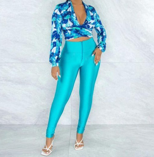 Women Two Piece Fashion Printed Crop Pant Set