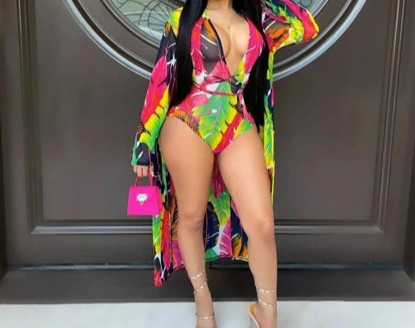 Women Colorful Print V-Neck Sexy Swimsuit Cover Up Set