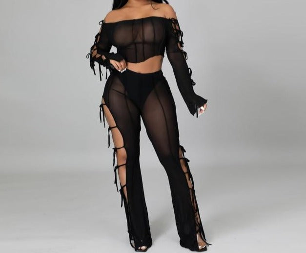 Women Off The Shoulder Long Sleeve Lace Up Sexy Mesh Two Piece Pant Set