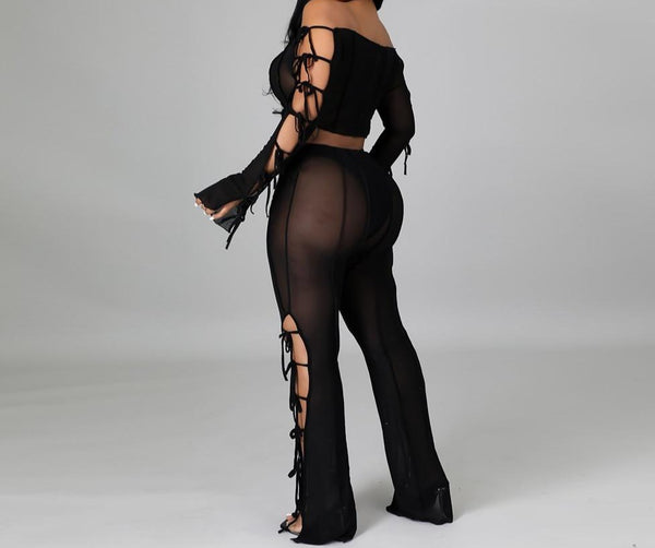 Women Off The Shoulder Long Sleeve Lace Up Sexy Mesh Two Piece Pant Set
