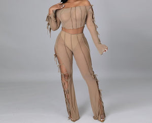 Women Off The Shoulder Long Sleeve Lace Up Sexy Mesh Two Piece Pant Set