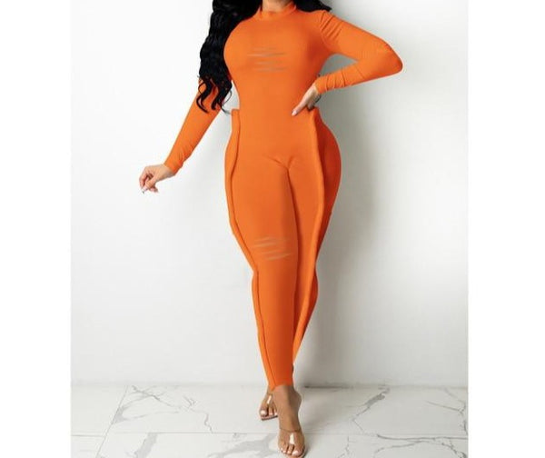 Women Fashion Ripped Long Sleeve Solid Color Jumpsuit