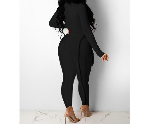 Women Fashion Ripped Long Sleeve Solid Color Jumpsuit