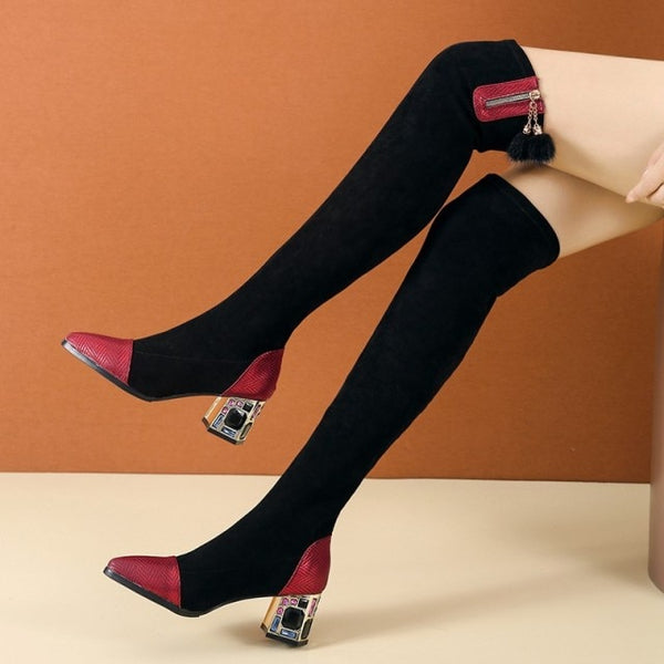 Women Pointed Toe Over The Knee Fashion Square Heel Boots