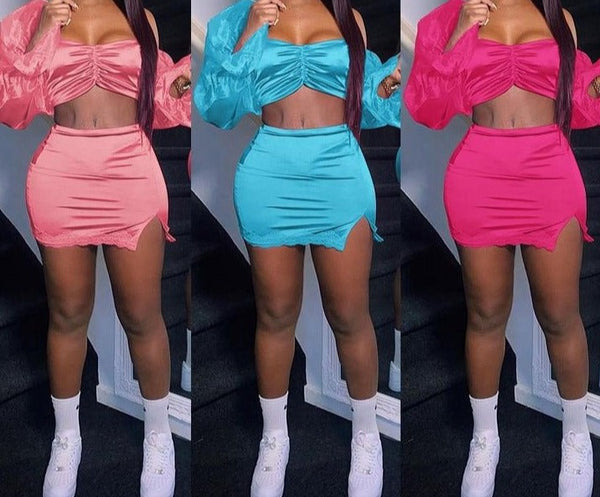 Women Sexy Long Sleeve Two Piece Fashion Skirt Set