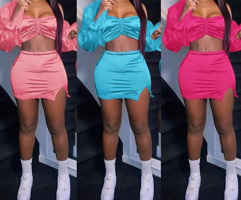Women Sexy Long Sleeve Two Piece Fashion Skirt Set