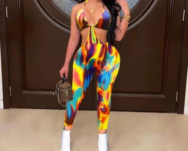 Women Sleeveless Sexy Colorful Print Fashion Cut Out Jumpsuit