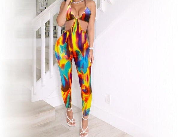 Women Sleeveless Sexy Colorful Print Fashion Cut Out Jumpsuit