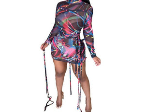 Women Colorful Mesh Sexy Long Sleeve Mini Dress