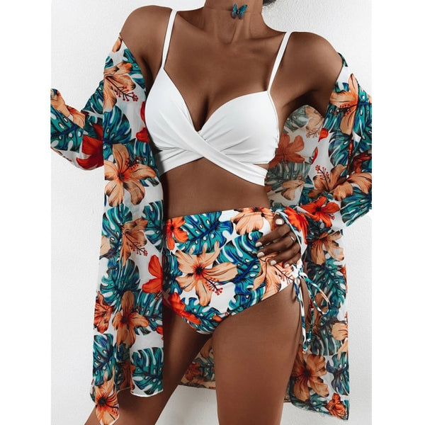 Women Sexy Fashion Floral Three Piece Bikini Cover Up Set