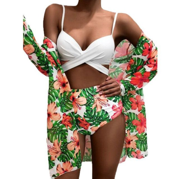 Women Sexy Fashion Floral Three Piece Bikini Cover Up Set
