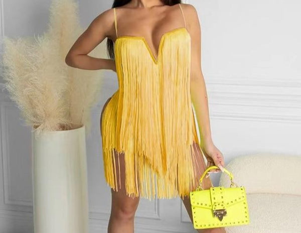 Women Spaghetti Strap Sexy Tassel Fashion Dress