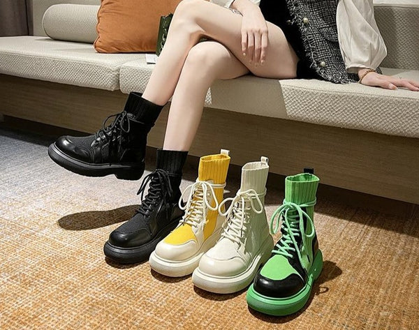 Women Color Patchwork Fashion Lace Up Platform Ankle Boots