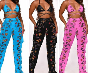 Women Colorful Butterfly Print Three Piece Bikini Pant Set