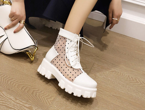 Women Polka Dot Mesh Patchwork PU Ankle Boots