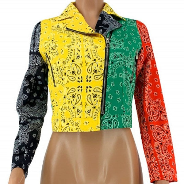 Women Fashion Color Patchwork Bandanna Print S-5XL Jacket