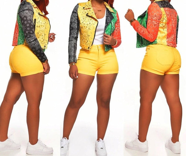 Women Fashion Color Patchwork Bandanna Print S-5XL Jacket