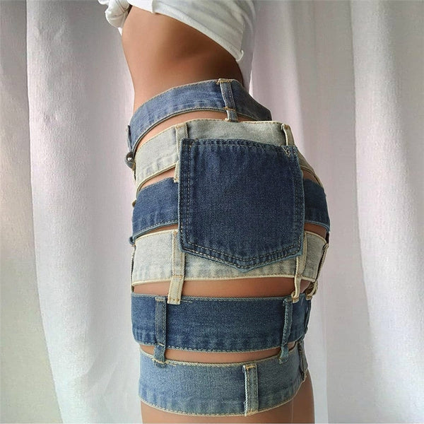 Women Sexy Fashion Button Up Denim Patchwork Mini Skirt