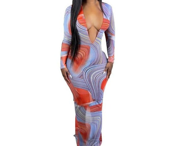 Women V-Neck Sexy Mesh Color Printed Full Sleeve Maxi Dress