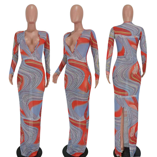 Women V-Neck Sexy Mesh Color Printed Full Sleeve Maxi Dress