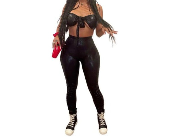 Women Sexy Black Faux Leather Two Piece Sleeveless Pant Set