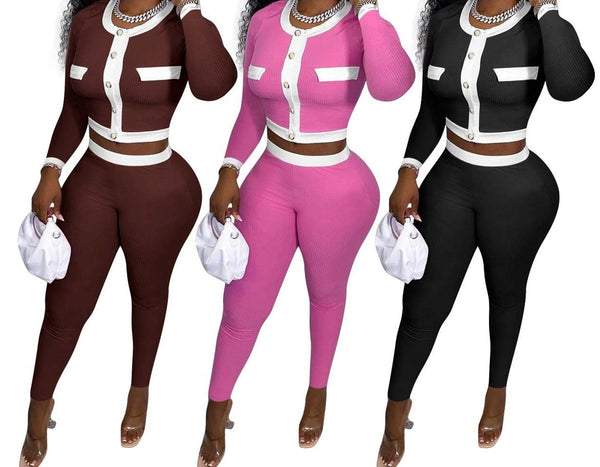 Women Button Up Two Piece Color-Block Crop Pant Set