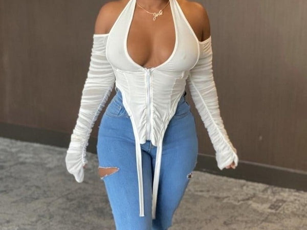 Women Ruched Mesh Halter Long Sleeve Fashion Top
